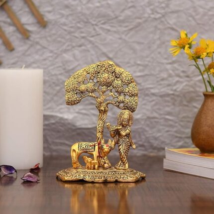 Golden Krishna Idol with Kamdhenu Cow