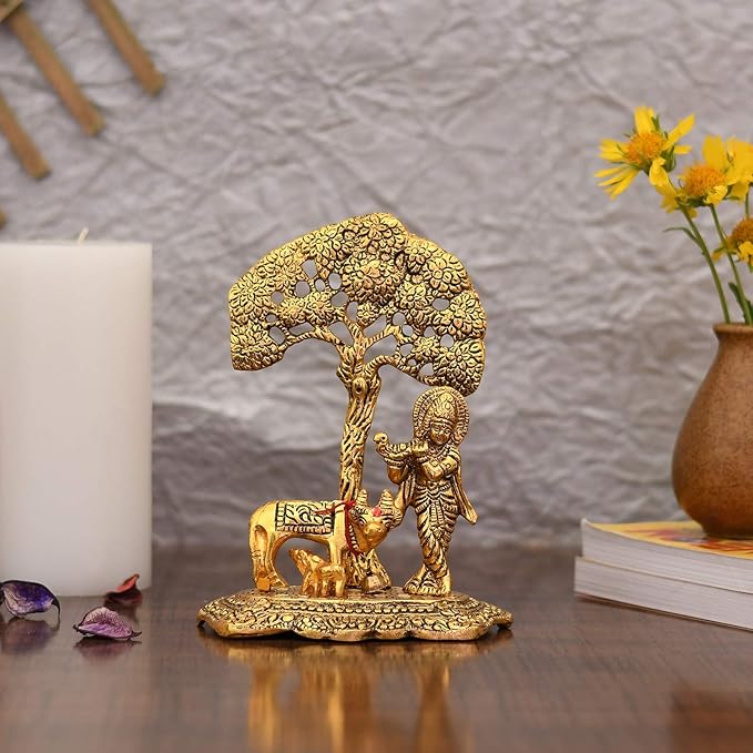 Golden Krishna Idol with Kamdhenu Cow Golden Krishna Idol with Kamdhenu Cow
