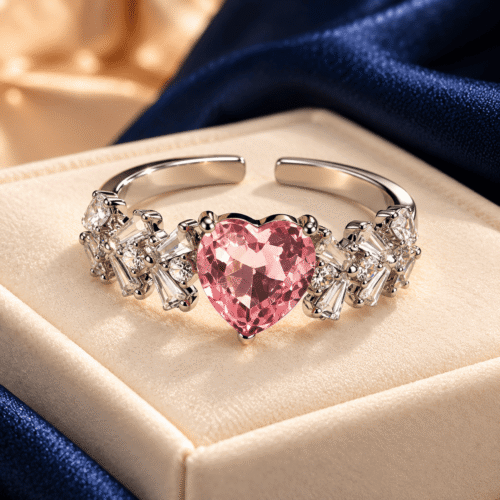 Front detail of a silver-tone ring with a faceted pink heart stone and sparkling clear side stones