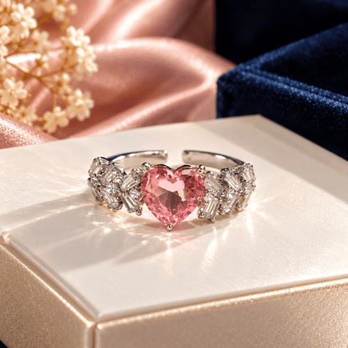 Pink heart-shaped stone ring with clear baguette and round accents on an ivory display
