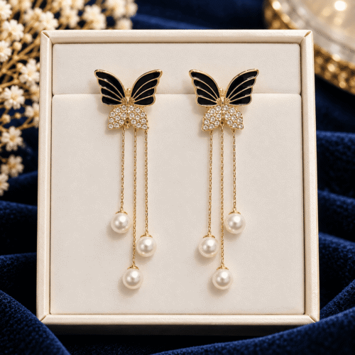 Pair of black butterfly earrings with clear stone accents and white pearl-look drops displayed in a gift box
