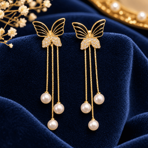 Gold-tone butterfly earrings with black wings and three white pearl-look drops on navy velvet