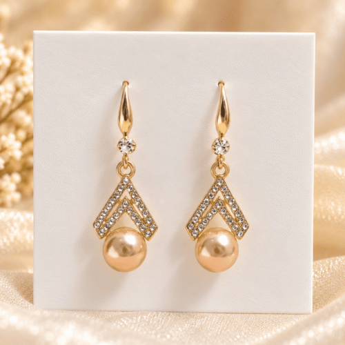 Pair of gold-tone Chevron Pearl Earrings with clear stone details and pearl-look drops on an ivory display