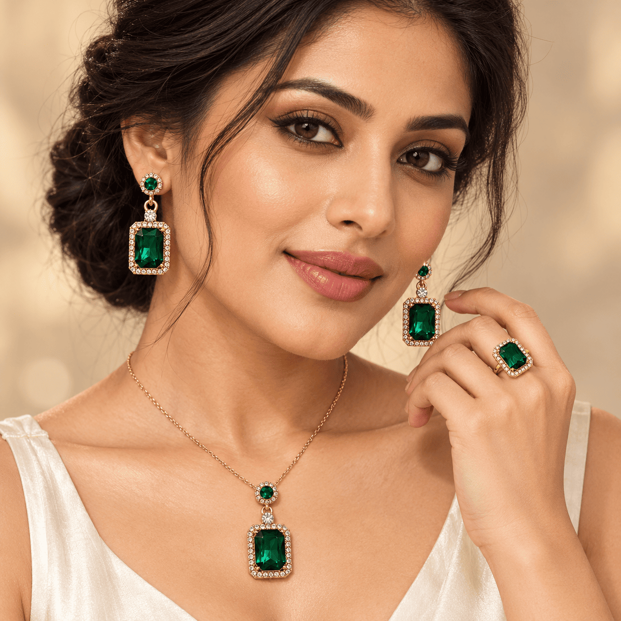 Elegant Indian Woman in Emerald Jewelry (1) Royal Green Jewellery Set - Image 1