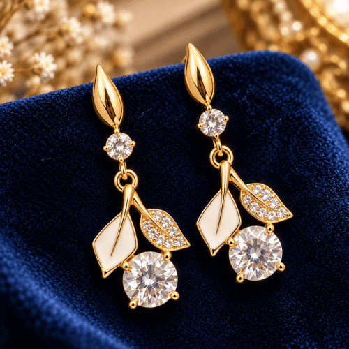 Close-up of Golden Leaf Earrings showing white leaves, clear stone accents and round stone drops