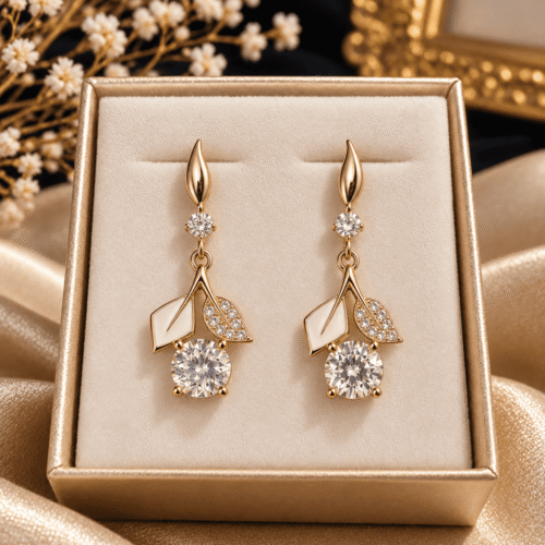 Pair of Golden Leaf Earrings with white leaf details and clear stones displayed in a gift box