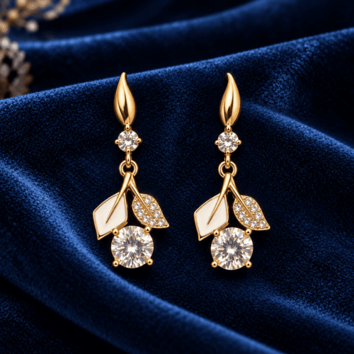 Pair of gold-tone leaf-cluster drop earrings with clear round stone drops on navy velvet