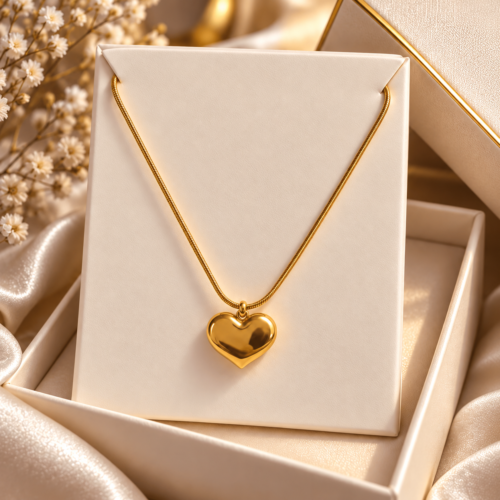 Lustrous Heart Necklace displayed on an ivory card in a gift box with cream satin