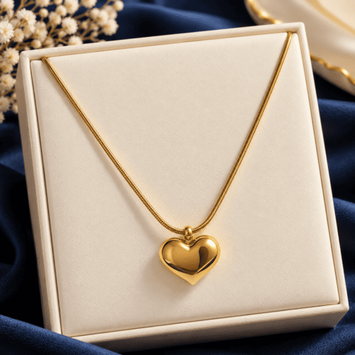 Lustrous Heart Necklace with a smooth gold-tone heart pendant on an ivory display against navy fabric