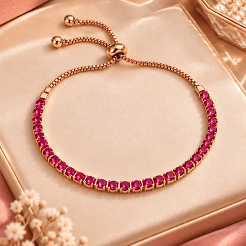 Full view of Magenta Glow Bracelet with round magenta-pink stones, rose gold-tone links and an adjustable sliding closure