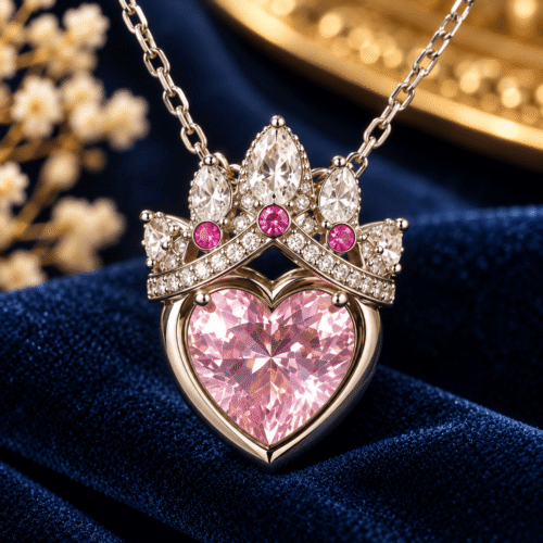 Close-up of the pink heart stone and clear-stone crown of Princess Heart Necklace