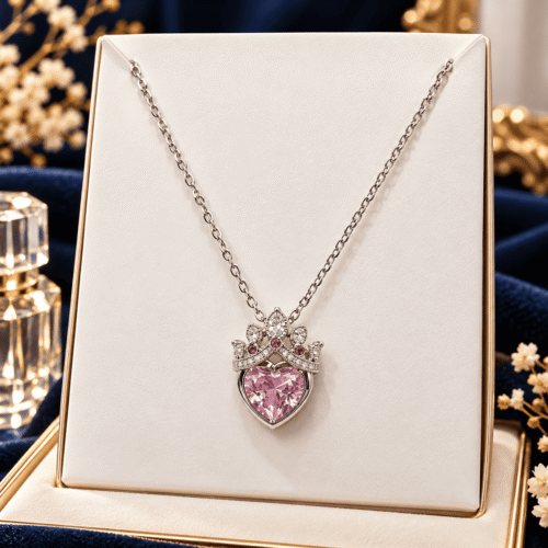 Princess Heart Necklace with pink heart pendant and crown on an ivory display