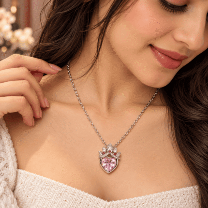 Woman wearing a silver-tone necklace with a pink heart pendant topped by a crown