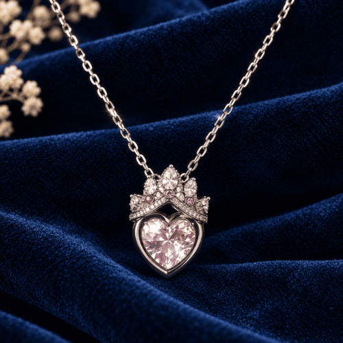 Princess Heart Necklace with silver-tone chain and crowned pink heart pendant on navy velvet