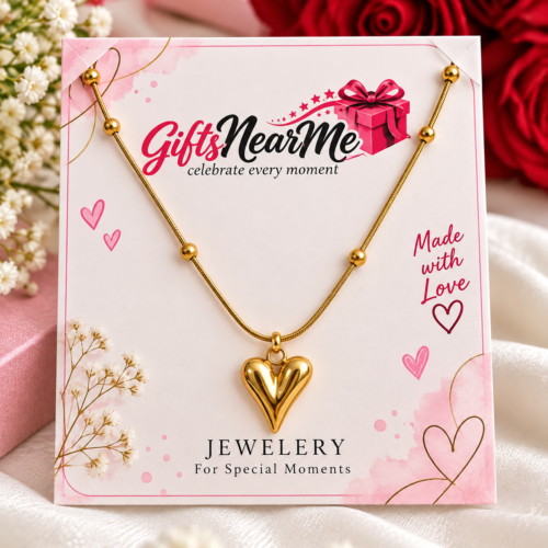 Gold-tone heart pendant necklace displayed on a GiftsNearMe card