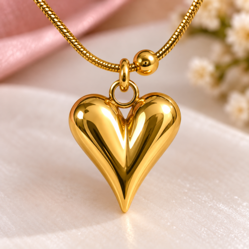 Close-up of a polished gold-tone heart pendant and beaded chain