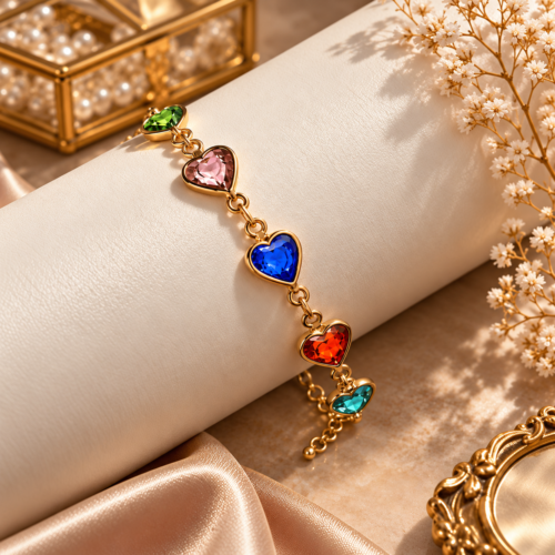 Rainbow Heart Bracelet with bright heart-shaped stones on an ivory display