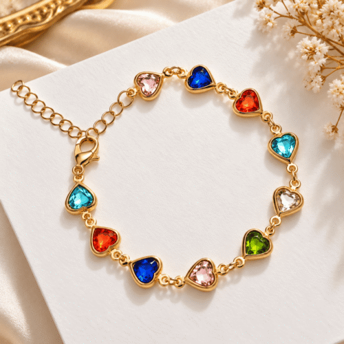 Gold-tone Rainbow Heart Bracelet with multicolour heart stones, lobster clasp and extension chain on ivory satin