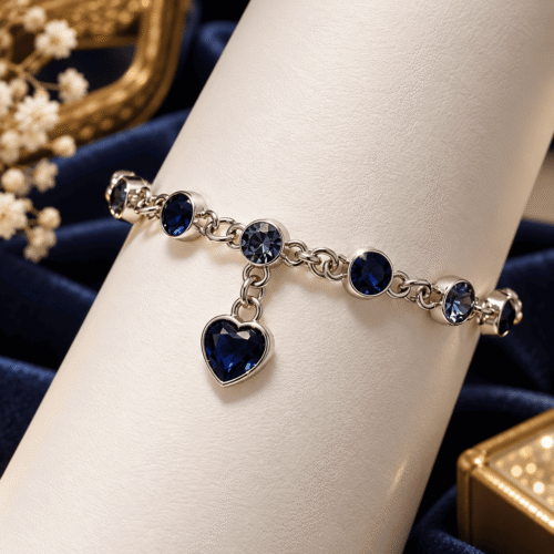 Sapphire Heart Bracelet showing silver-tone links and a navy-blue heart charm on an ivory display