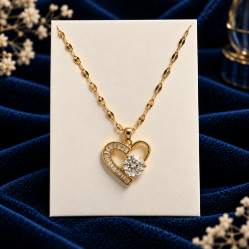 Sparkle Heart Necklace with a round clear stone and open heart pendant on an ivory display against navy velvet